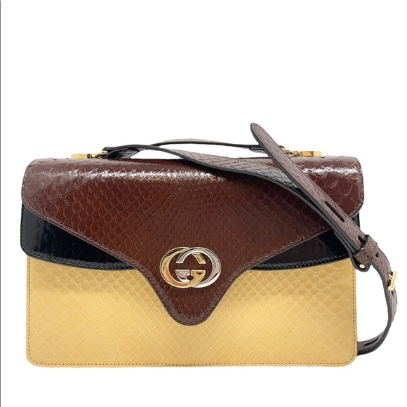 Gucci GG Interlocking Logo Python Medium 3 Compartments Brown/ Black/Beige Purse - Picture 2 of 16